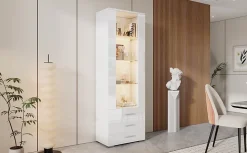 Vitrine Moderne avec 3 Tiroirs et Éclairage LED Intégré - Meuble de Salon Haut Brillant en MDF et Acrylique, Blanc, 60x35x180 cm