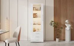 Vitrine Moderne avec 3 Tiroirs et Éclairage LED Intégré - Meuble de Salon Haut Brillant en MDF et Acrylique, Blanc, 60x35x180 cm