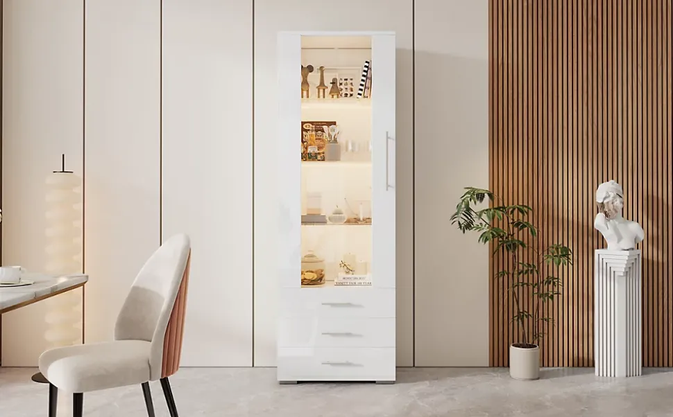 Vitrine Moderne avec 3 Tiroirs et Éclairage LED Intégré - Meuble de Salon Haut Brillant en MDF et Acrylique, Blanc, 60x35x180 cm