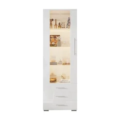 Vitrine Moderne avec 3 Tiroirs et Éclairage LED Intégré - Meuble de Salon Haut Brillant en MDF et Acrylique, Blanc, 60x35x180 cm