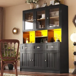 Vitrine Moderne avec Éclairage LED - Buffet Haut avec Étagères Réglables et Meuble de Rangement Haut, MDF, 140x40x175 cm, Noir