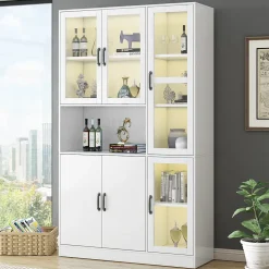 Vitrine Moderne avec Éclairage LED 16 Couleurs, 6 Portes dont 4 en Acrylique, Meuble de Rangement pour Salon, Blanc, 120x40x200 cm