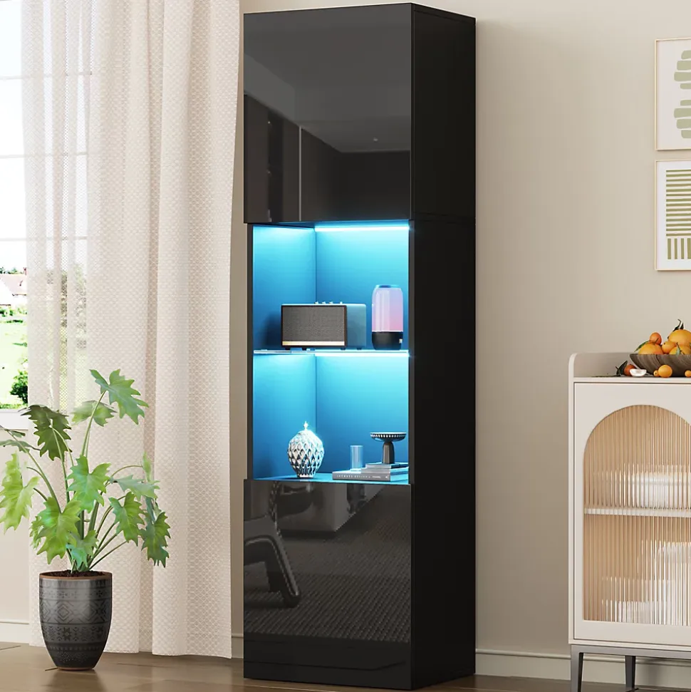 Vitrine Moderne avec Éclairage LED - 1 Étagère en Verre, Meuble de Rangement avec Portes, 45x35x160 cm - Noir