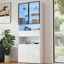 Vitrine Moderne LED avec Tiroir et 2 Armoires, Bibliothèque et Plateformes Ouvertes, 70x30x200 cm, Blanc