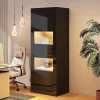 Vitrine noire brillante avec éclairage LED, 61x42x162cm, noire, 1 tablette en verre