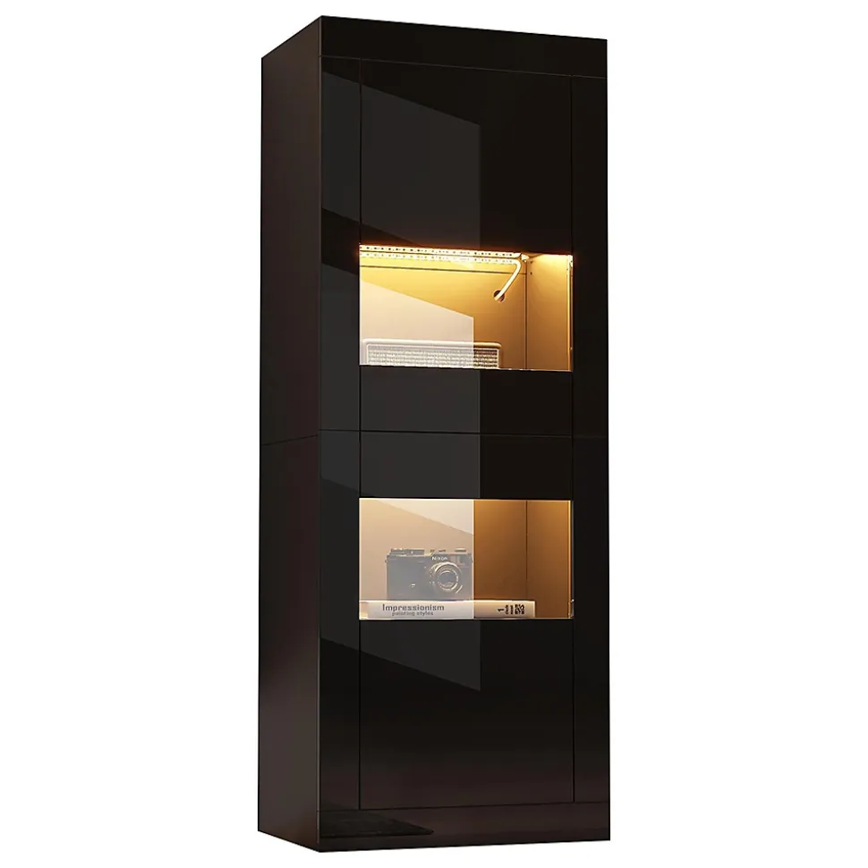 Vitrine noire brillante avec éclairage LED, 61x42x162cm, noire, 1 tablette en verre