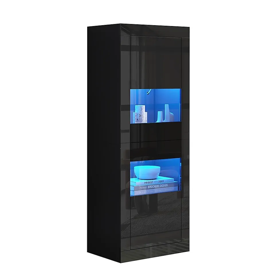 Vitrine noire brillante avec éclairage LED, 61x42x162cm, noire, 1 tablette en verre