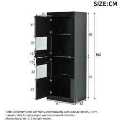 Vitrine noire brillante avec éclairage LED, 61x42x162cm, noire, 1 tablette en verre