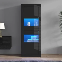 Vitrine noire brillante avec éclairage LED, 61x42x162cm, noire, 1 tablette en verre