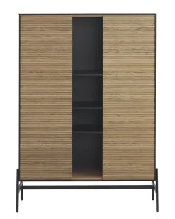 Vitrine plaquée en frêne noir avec portes en couleur naturelle