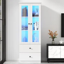 Vitrine Salon avec LED 16 Couleurs et Port USB - Portes Battantes, Étagères Réglables, MDF+Verre, Blanc, 60x36x165 cm