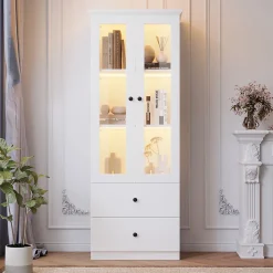 Vitrine Salon avec LED 16 Couleurs et Port USB - Portes Battantes, Étagères Réglables, MDF+Verre, Blanc, 60x36x165 cm