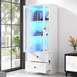 Vitrine Salon avec LED 16 Couleurs et Port USB - Portes Battantes, Étagères Réglables, MDF+Verre, Blanc, 60x36x165 cm