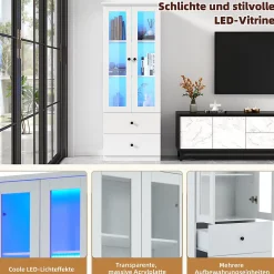 Vitrine Salon avec LED 16 Couleurs et Port USB - Portes Battantes, Étagères Réglables, MDF+Verre, Blanc, 60x36x165 cm