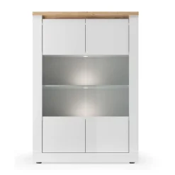Vitrine SASHA 2 portes vitrées et3 étagères avec LED intégrée Blanc laqué et Chene Cadiz