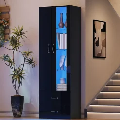 Vitrine sur Pied avec LED, Meuble de Salon à Rangement Fermé Anti-Poussière en Panneau de Particules - 59,5x35x182 cm - Noir