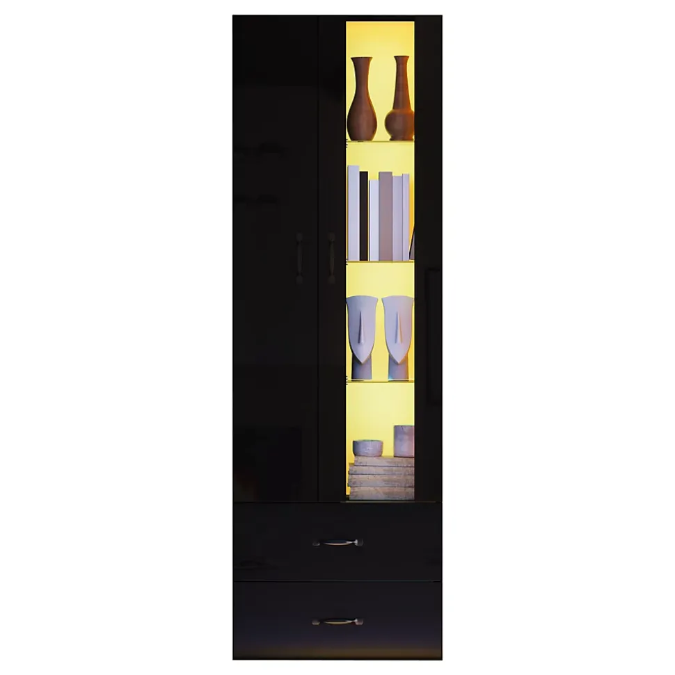 Vitrine sur Pied avec LED, Meuble de Salon à Rangement Fermé Anti-Poussière en Panneau de Particules - 59,5x35x182 cm - Noir