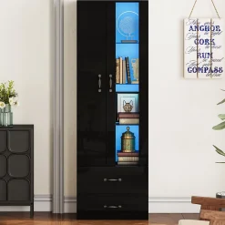 Vitrine sur Pied avec LED, Meuble de Salon à Rangement Fermé Anti-Poussière en Panneau de Particules - 59,5x35x182 cm - Noir