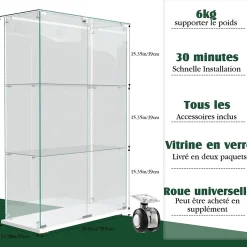 Vitrine sur Pied en Verre, Collection, 3 Couches, 2 Portes, LED, 78.5x36x123 cm, Salon, Chambre, Bureau, Blanc