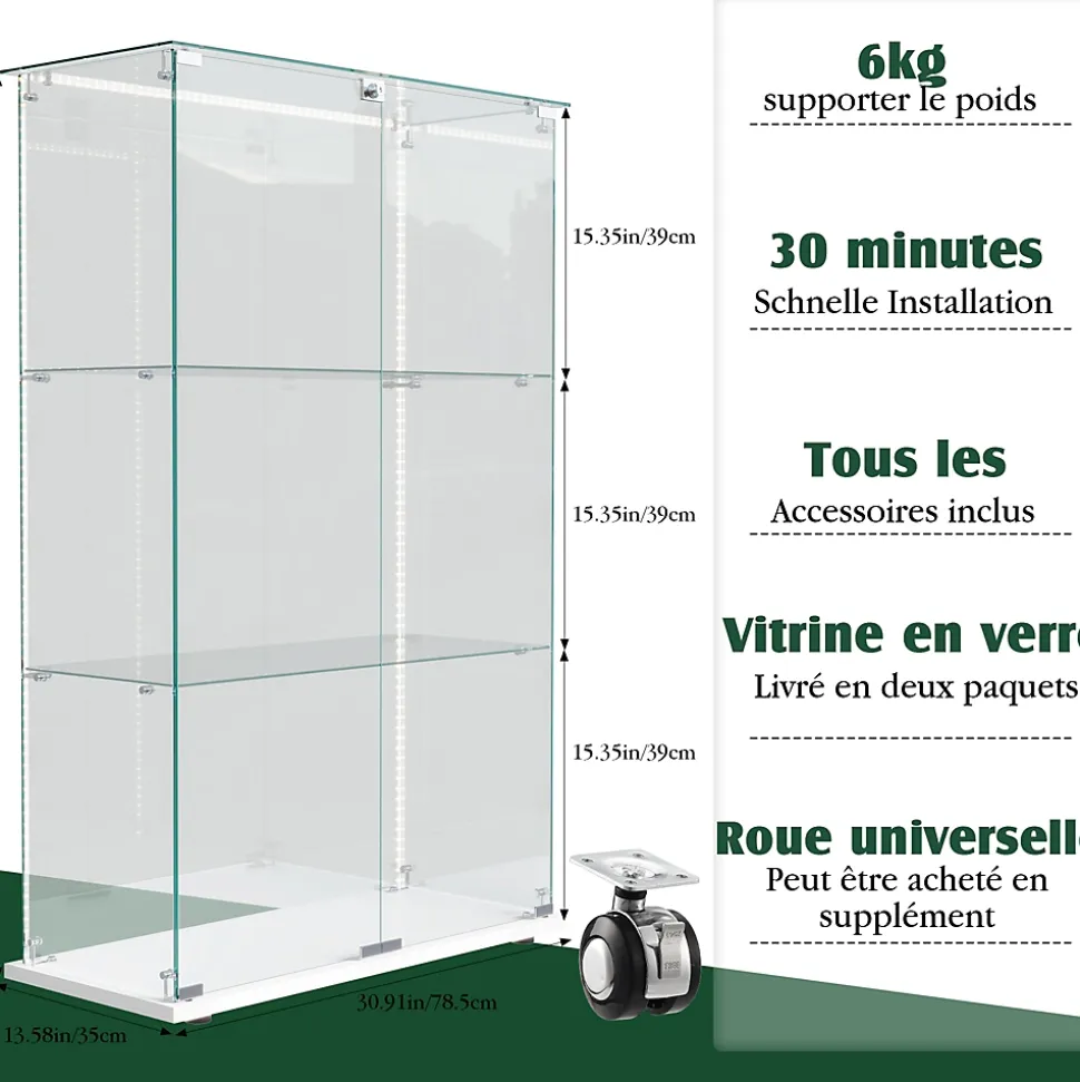 Vitrine sur Pied en Verre, Collection, 3 Couches, 2 Portes, LED, 78.5x36x123 cm, Salon, Chambre, Bureau, Blanc