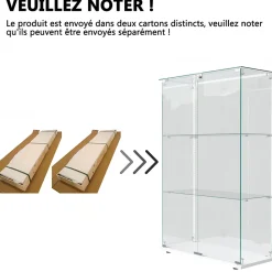 Vitrine sur Pied en Verre, Collection, 3 Couches, 2 Portes, LED, 78.5x36x123 cm, Salon, Chambre, Bureau, Blanc