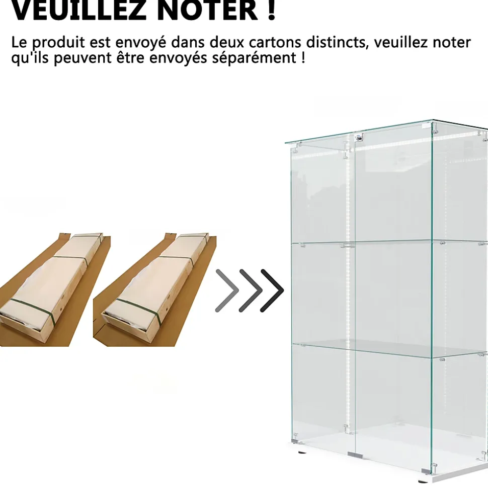 Vitrine sur Pied en Verre, Collection, 3 Couches, 2 Portes, LED, 78.5x36x123 cm, Salon, Chambre, Bureau, Blanc