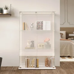 Vitrine sur Pied en Verre, Collection, 3 Couches, 2 Portes, LED, 78.5x36x123 cm, Salon, Chambre, Bureau, Blanc