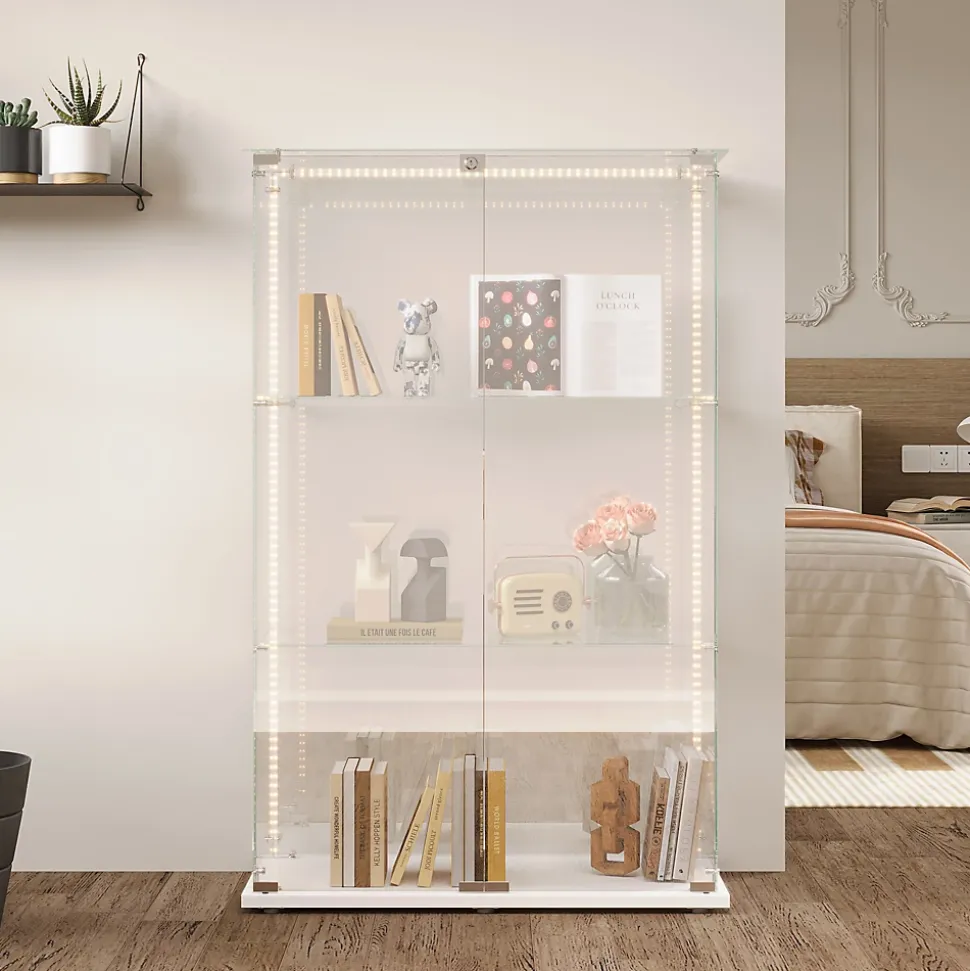 Vitrine sur Pied en Verre, Collection, 3 Couches, 2 Portes, LED, 78.5x36x123 cm, Salon, Chambre, Bureau, Blanc