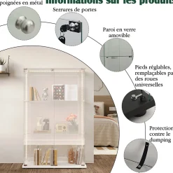 Vitrine sur Pied en Verre, Collection, 3 Couches, 2 Portes, LED, 78.5x36x123 cm, Salon, Chambre, Bureau, Blanc