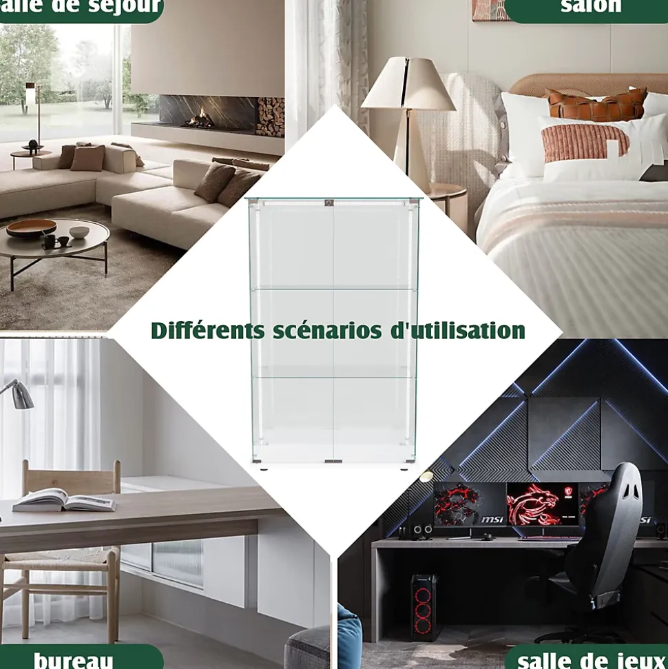 Vitrine sur Pied en Verre, Collection, 3 Couches, 2 Portes, LED, 78.5x36x123 cm, Salon, Chambre, Bureau, Blanc