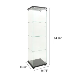 Vitrine sur pied en verre, LED, 4 couches, 1 porte, 42x36x164cm, pour salon, chambre à coucher, bureau, Noir