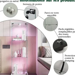 Vitrine sur Pied en Verre, Collection, 3 Couches, 1 Porte, Lampe Tactile, 39.8x35x123 cm, Salon, Chambre, Bureau, Blanc