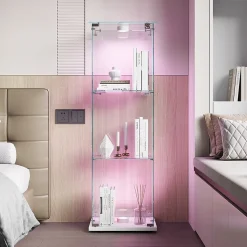 Vitrine sur Pied en Verre, Collection, 3 Couches, 1 Porte, Lampe Tactile, 39.8x35x123 cm, Salon, Chambre, Bureau, Blanc