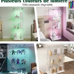 Vitrine sur Pied en Verre, Collection, 3 Couches, 1 Porte, Lampe Tactile, 39.8x35x123 cm, Salon, Chambre, Bureau, Blanc