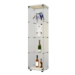 Vitrine sur pied en verre, LED, 4 couches, 1 porte, 42x36x164cm, pour salon, chambre à coucher, bureau, Blanc