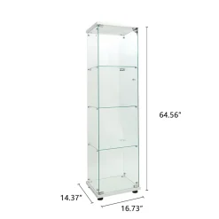 Vitrine sur pied en verre, LED, 4 couches, 1 porte, 42x36x164cm, pour salon, chambre à coucher, bureau, Blanc