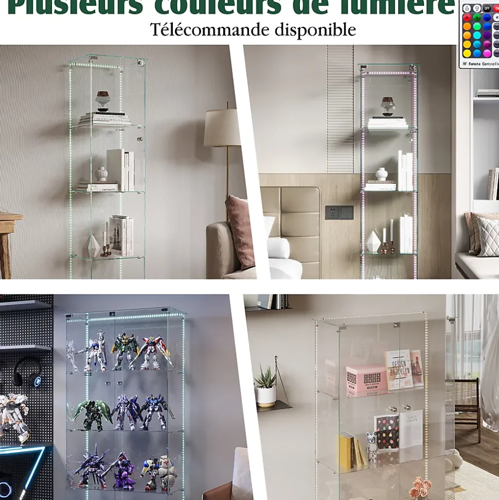 Vitrine sur Pied en Verre, Collection, 4 Couches, 1 Porte, LED, 39.8x35x163 cm, Salon, Chambre, Bureau, Noir