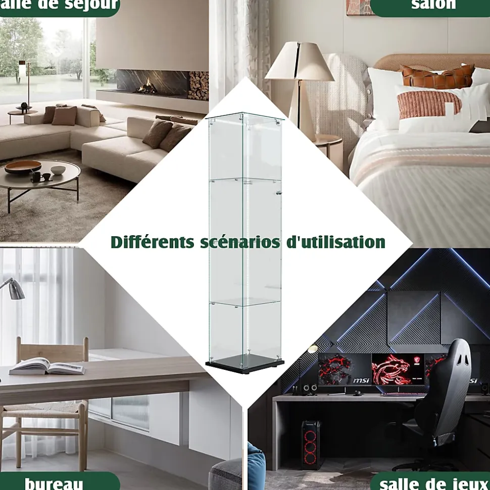 Vitrine sur Pied en Verre, Collection, 4 Couches, 1 Porte, LED, 39.8x35x163 cm, Salon, Chambre, Bureau, Noir
