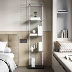 Vitrine sur Pied en Verre, Collection, 4 Couches, 1 Porte, LED, 39.8x35x163 cm, Salon, Chambre, Bureau, Noir