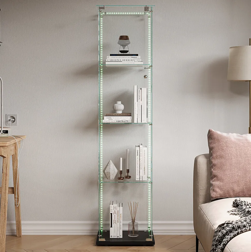 Vitrine sur Pied en Verre, Collection, 4 Couches, 1 Porte, LED, 39.8x35x163 cm, Salon, Chambre, Bureau, Noir