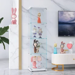 Vitrine sur pied en verre, 4 couches, 1 porte, 42x36x164cm, pour salon, chambre à coucher, bureau, Blanc