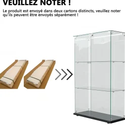 Vitrine sur Pied en Verre, Collection, 3 Couches, 2 Portes, LED, 78.5x36x123 cm, Salon, Chambre, Bureau, Noir