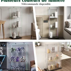 Vitrine sur Pied en Verre, Collection, 3 Couches, 2 Portes, LED, 78.5x36x123 cm, Salon, Chambre, Bureau, Noir