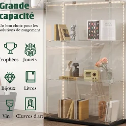 Vitrine sur Pied en Verre, Collection, 3 Couches, 2 Portes, LED, 78.5x36x123 cm, Salon, Chambre, Bureau, Noir