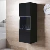 Vitrine suspendue design - Noir brillant - Mélamine, LED bleues - 1 porte, 3 compartiments - 40x126x29 cm