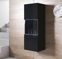 Vitrine suspendue design - Noir brillant - Mélamine, LED bleues - 1 porte, 3 compartiments - 40x126x29 cm