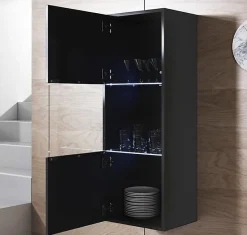 Vitrine suspendue design - Noir brillant - Mélamine, LED bleues - 1 porte, 3 compartiments - 40x126x29 cm