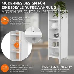 Vitrine étroite ML-Design blanche 45x145x35 cm en acier avec porte unique et compartiments réglables
