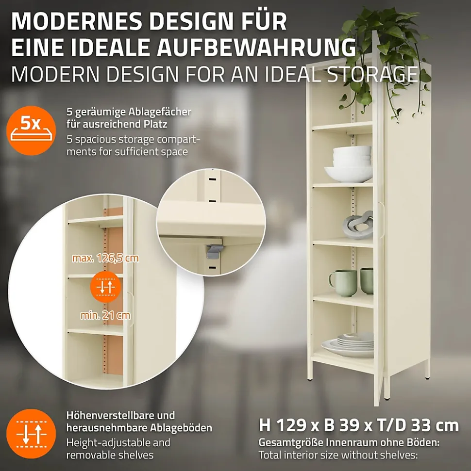 Vitrine étroite ML-Design crème 45x145x35 cm en acier avec porte unique et compartiments réglables