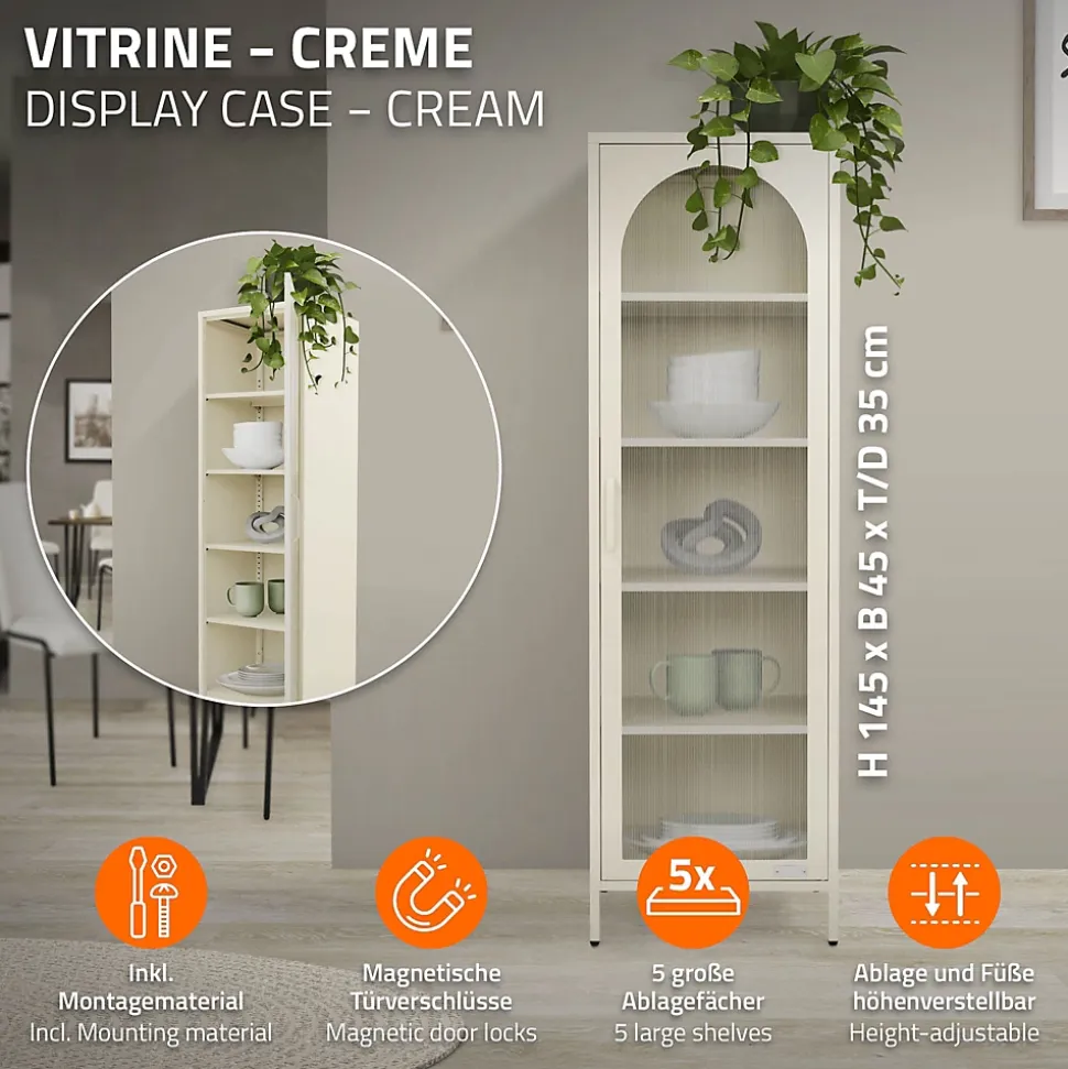 Vitrine étroite ML-Design crème 45x145x35 cm en acier avec porte unique et compartiments réglables
